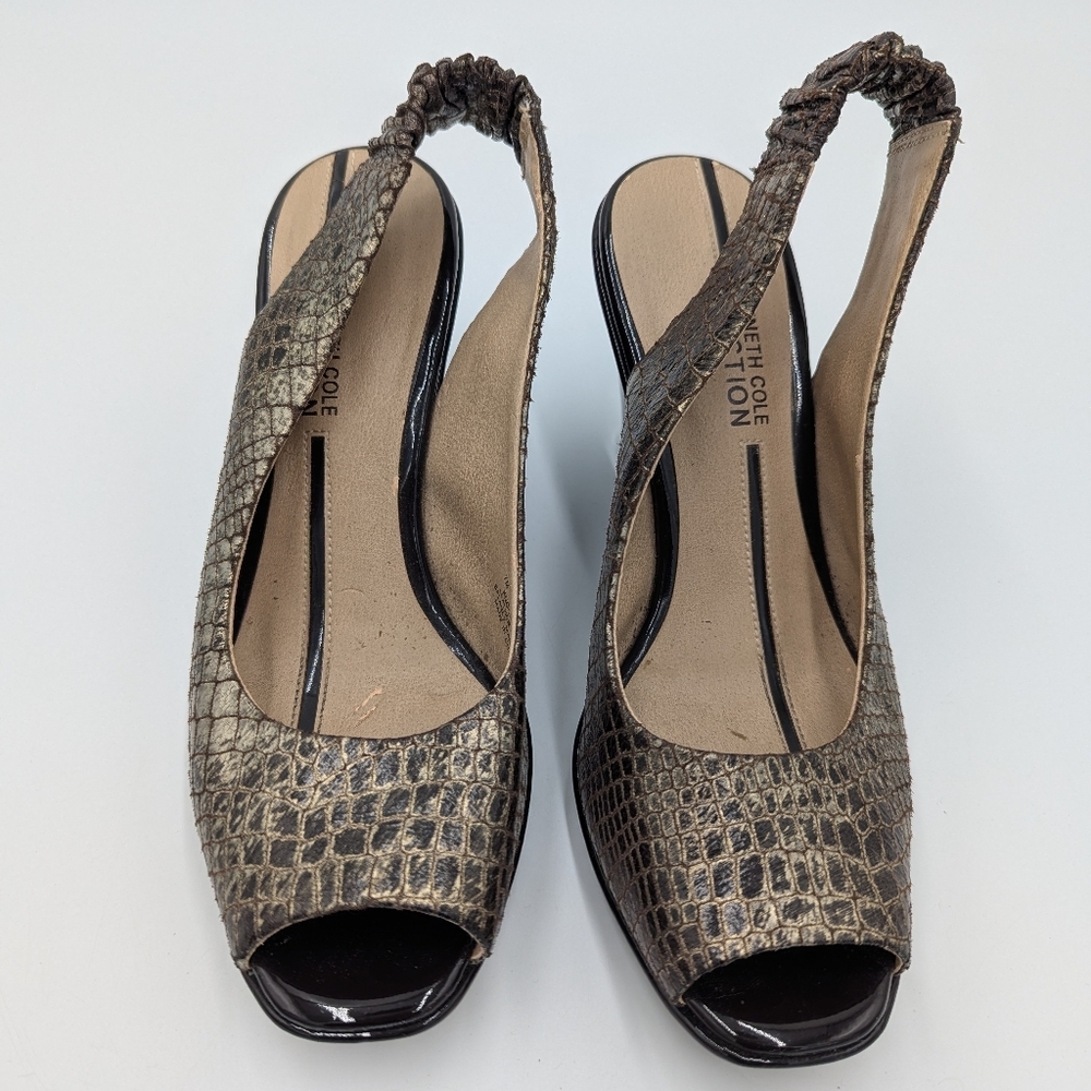 Kenneth Cole Leather Snakeprint Wedge Sandals Slingback 7M Minimalist Retro